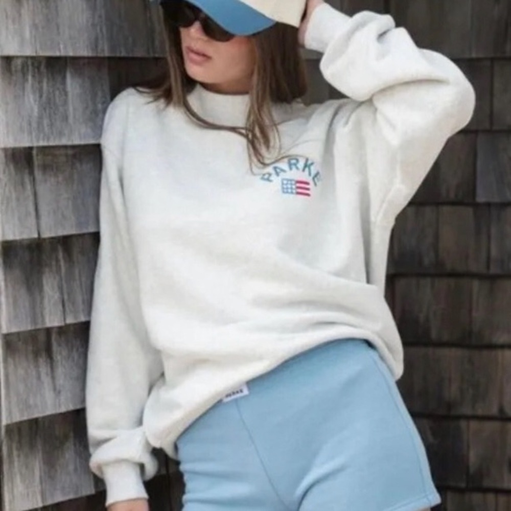 Parke Flag Graphic Mockneck Sweatshirt Varsity Pullover Heather Grey L/XL